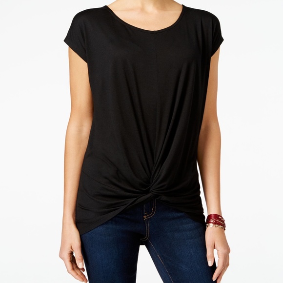 INC Women's Deep Black Short Sleeve Twist Front Hem Basic Top XS NWT - Picture 1 of 5